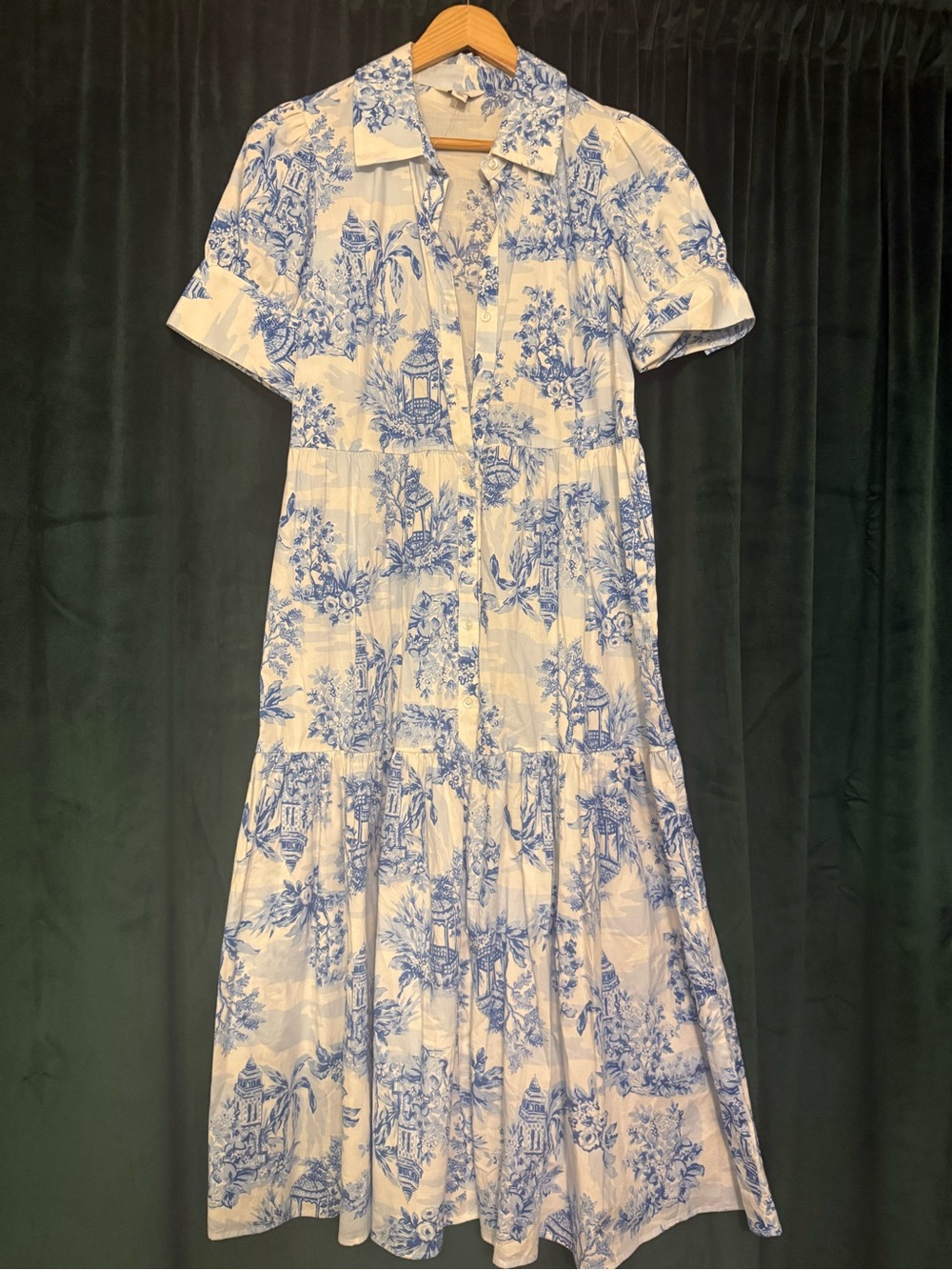 crown & ivy Blue and White Toile Tiered Maxi Dress